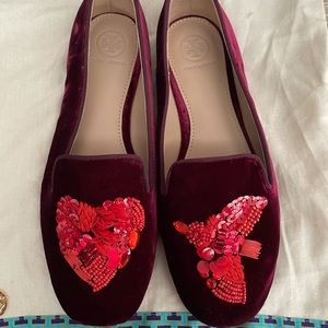 TORY BURCH SEQUIN HEART AND DOVE VELVET FLATS